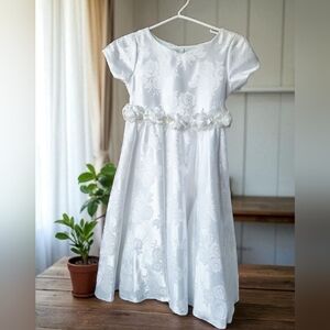 Little Brittany Elegant White Brocade Satin Floral Girls Dress